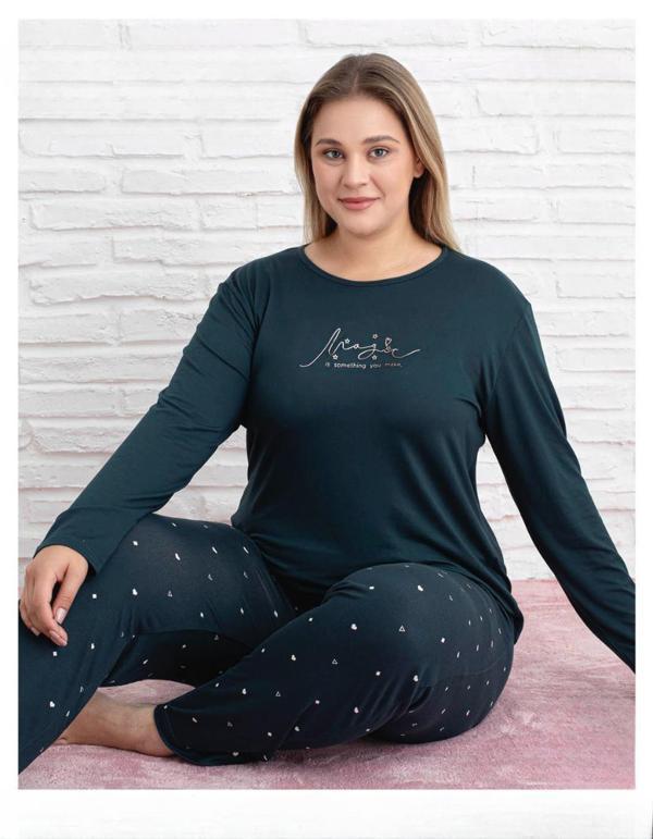 Pijamoni Kadın Milan Büyük Beden Bisiklet Yaka Uzun Kol İnce Pijama Takımı 7666/33 - 1 Adet - Image 1