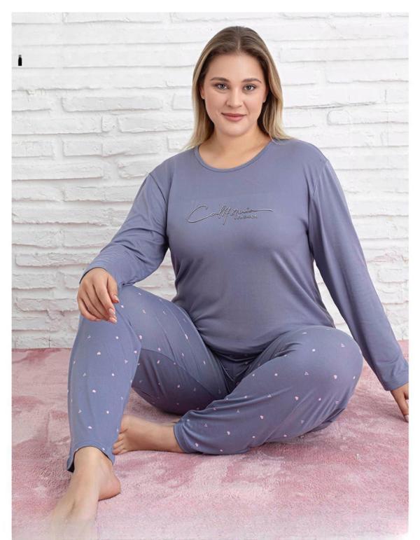 Pijamoni Kadın Milan Büyük Beden Bisiklet Yaka Uzun Kol İnce Pijama Takımı 7666/34 - 1 Adet - Image 1