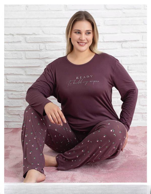 Pijamoni Kadın Milan Büyük Beden Bisiklet Yaka Uzun Kol İnce Pijama Takımı 7666/31 - 1 Adet - Image 1