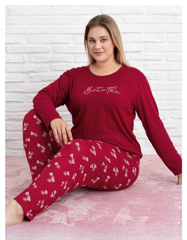 Pijamoni Kadın Milan Büyük Beden Bisiklet Yaka Uzun Kol İnce Pijama Takımı 7666/29 - 1 Adet - Image 1