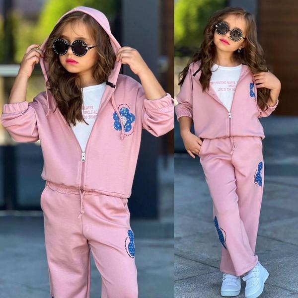 Kız Çocuk 3 PARÇA Kapüşonlu Sweatshirt & Çiçek Desenli Eşofman Takımı  6431P - Image 1