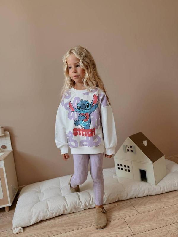 Kız Çocuk Stitch Baskılı Sweatshirt ve Pantolon 2’li Takım - Lila 4039 - Image 1