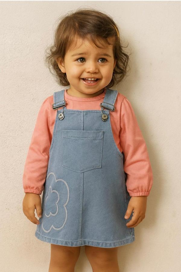 Kız Bebek Uzun Kollu Tişört ve Kot Elbise Takımı 0344PU - Image 1