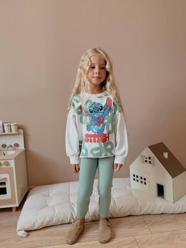 Kız Çocuk Stitch Baskılı Sweatshirt ve Pantolon 2’li Takım - Mint Yeşili 4039 - Image 1