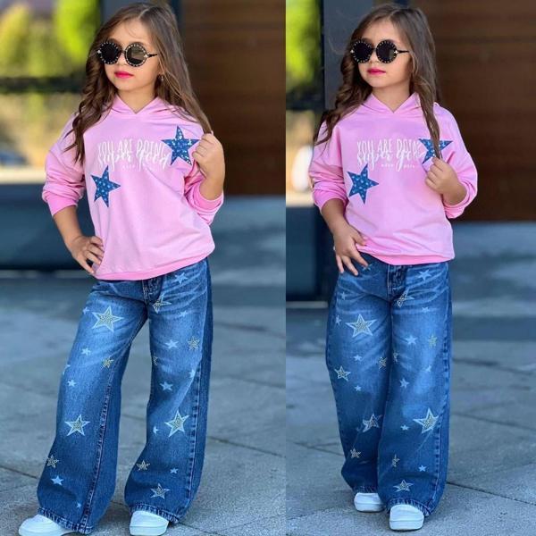 Kız Çocuk  (AYARLANABİLİR BEL) Yıldız Baskılı Sweatshirt ve Geniş Paça Jean Takım 2612P - Image 1