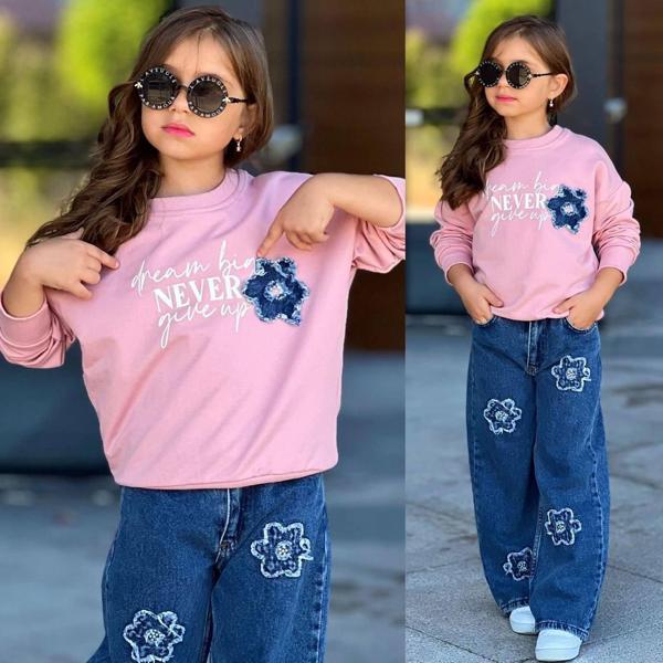 Kız Çocuk (AYARLANABİLİR BEL) Sweat & Çiçek Nakışlı  Kot Pantolon Takım 2610P - Image 1