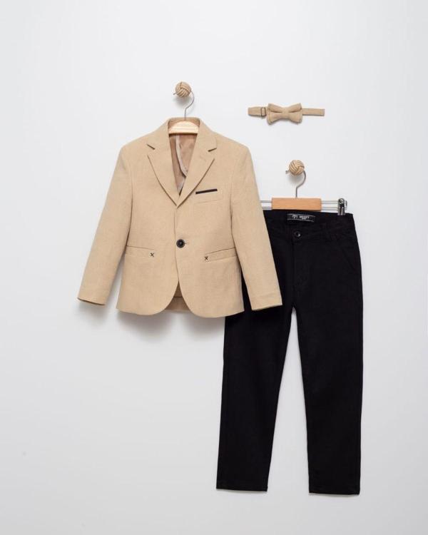 Erkek Çocuk Keten Spor Blazer Ceket, Pantolon ve Papyon Erkek Çocuk Takım Elbisesi - 4414 - Image 1