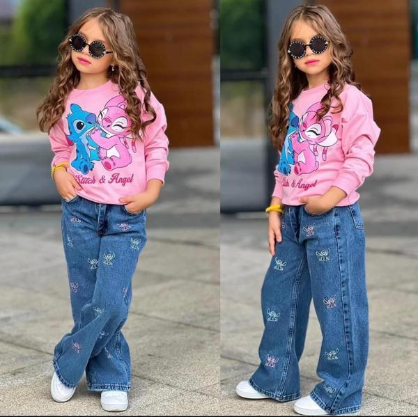 Kız Çocuk Stıtch Kot Pantolonlu Alt Üst Takım 2587 p - Image 1