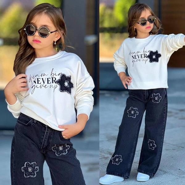 Kız Çocuk (AYARLANABİLİR BEL) Sweat & Çiçek Nakışlı  Kot Pantolon Takım 2610E - Image 1