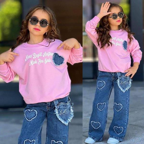 Kız Çocuk Kalp Detaylı Kotlu Alt Üst Takım 2605P - Image 1