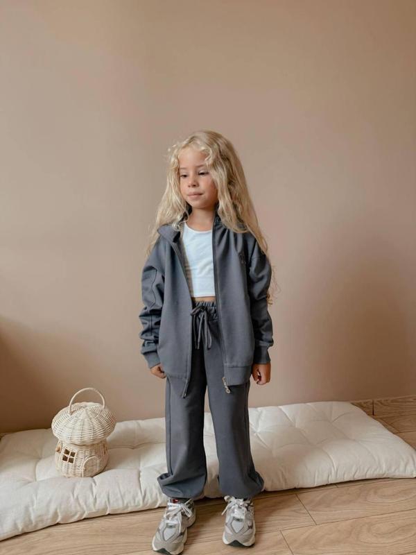Kız Çocuk Fermuarlı Eşofman Takımı - Gri  Renk (2'li Set) 0108 - Image 1