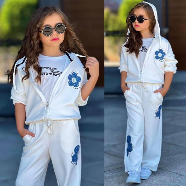 Kız Çocuk 3 PARÇA Kapüşonlu Sweatshirt & Çiçek Desenli Eşofman Takımı - Beyaz 6431 - Image 1