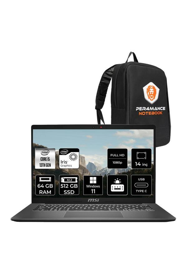 MSI Modern 14 i5 1334U 64GB 512GB SSD 14" FHD 60Hz W11H Taşınabilir Bilgisayar F13MG & PER4 ÇANTA - Image 1