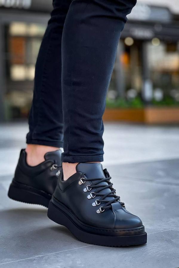 KB-X4  Kuback Siyah Cilt Siyah Yüksek Taban Bağcıklı Günlük Erkek Ayakkabı - Image 1