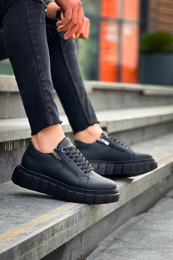 KB-X155 Kuback Siyah Cilt Detaylı Siyah Yüksek Taban Günlük Spor Ayakkabı - Image 1