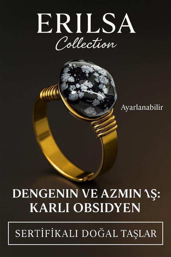 Sertifikalı Doğal Karlı Obsidyen Taşı Yüzük – Kalın Tımbıl Kasa Gold Ayarlanabilir - Image 1