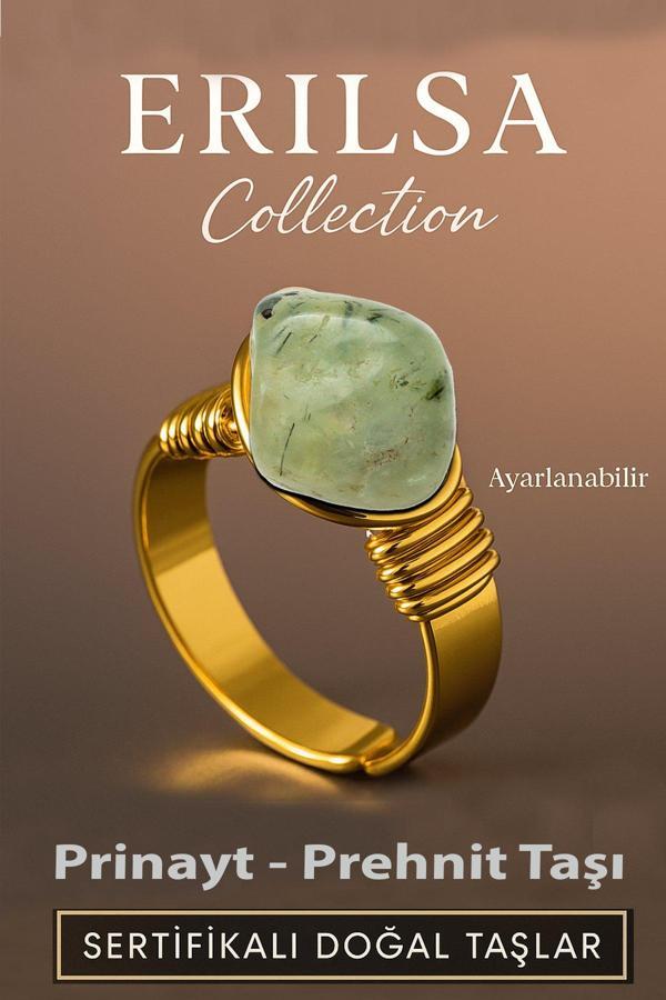 Sertifikalı Doğal Prehnit Prinayt Taşı Yüzük – Kalın Tımbıl Kasa Gold Renk Ayarlanabilir - Image 1