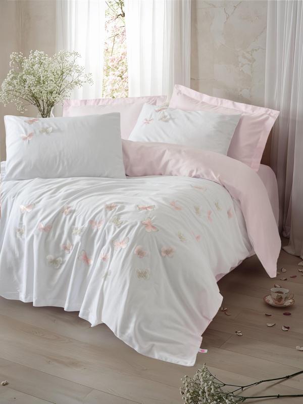 Cotton Box 3D Nakışlı Saten Çift Kişilik Nevresim Takımı Charming Pudra - Image 1