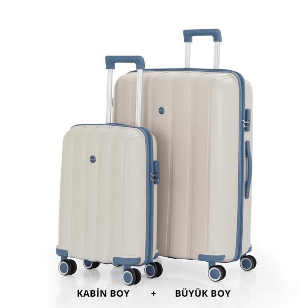 MÇS Bavul Büyük ve Kabin 2li Set Kırılmaz Silikon Valiz V305 Kemik/SkyBlue - Image 1