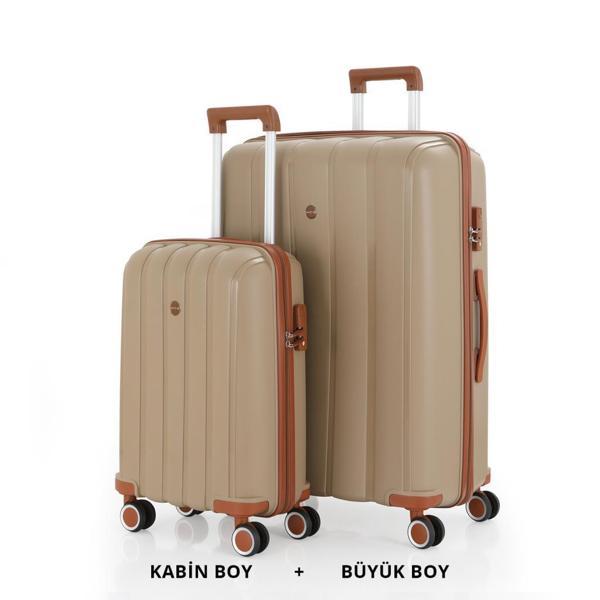 MÇS Bavul Büyük ve Kabin 2li Set Kırılmaz Silikon Valiz V305 Şamp/Kahve - Image 1