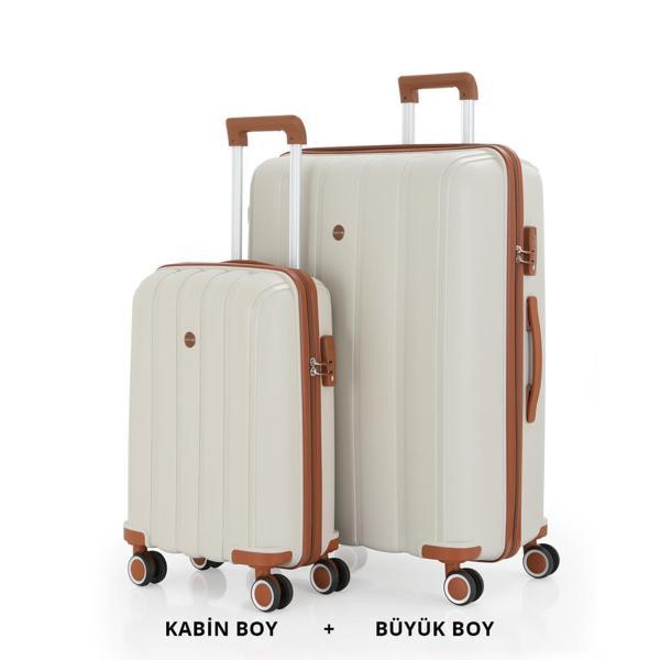 MÇS Bavul Büyük ve Kabin 2li Set Kırılmaz Silikon Valiz V305 Kemik/Kahve - Image 1