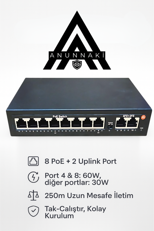 Anunnaki AN1028MN 8 Port PoE Switch | 120W | 2 Uplink | 250m Extend | IP Kamera Uyumlu AI Watchdog - Image 1