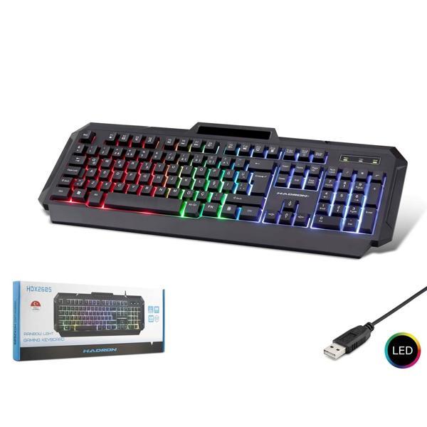 Hadron HDX2605 Türkçe-Q FN Multimedia Gökkuşağı Ledli Telefon Standlı 1.40mt USB Kablolu Oyuncu Klavyesi - Siyah - Image 1