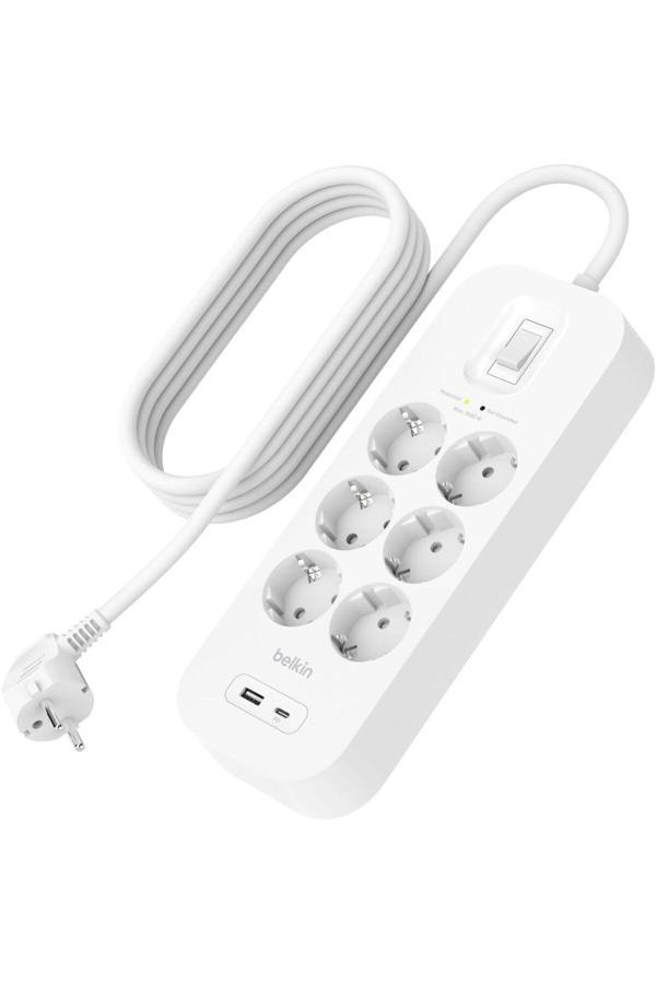 Belkin 6'Lı Yüksek Gerilim Korumalı Çoklu Priz, Hızlı Şarj İçin Usb-C Ve Usb-A Bağlantısı - Image 1