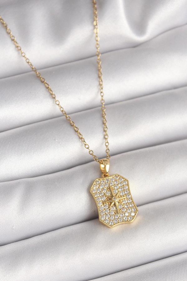 316L Çelik Gold Renk Zincir Zirkon Taşlı Kutup Yıldız İşlemeli Madalyon Model Kadın Kolye - Image 1