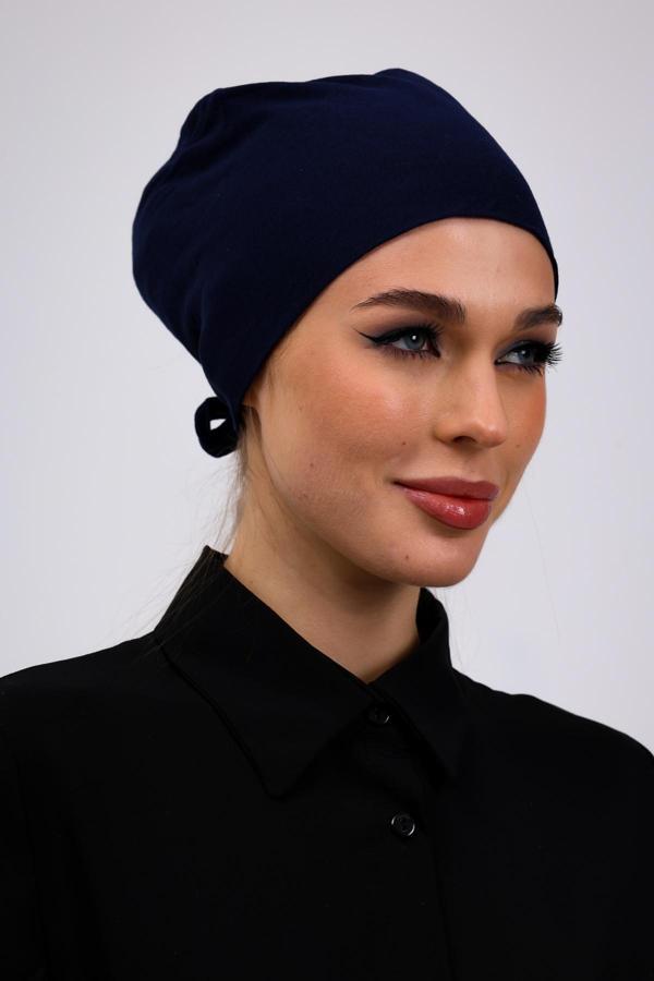 Loggia Düz Dikişsiz Penye Bone Lacivert - Kadın Tesettür Bağlamalı İç Bone - Image 1