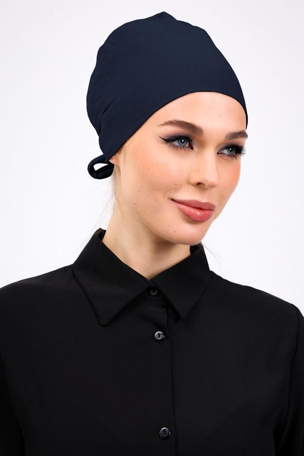 Loggia Düz Dikişsiz Penye Bone Petrol Mavisi - Kadın Tesettür Bağlamalı İç Bone - Image 1