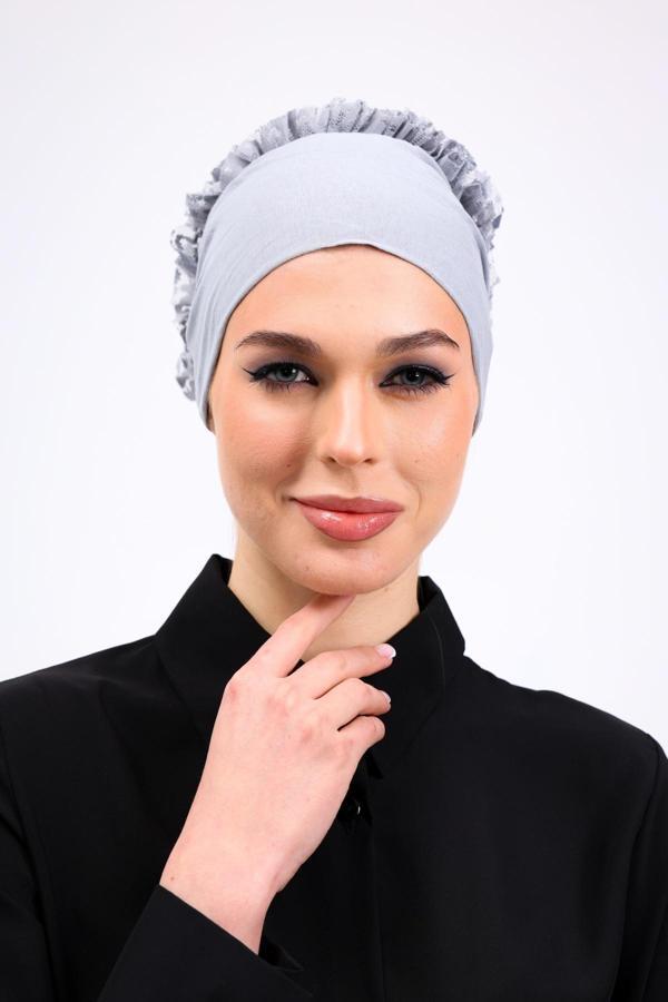 Loggia Fırfırlı Dikişsiz Penye Bone Açık Gri - Kadın Tesettür Bağlamalı Topuz İç Bone - Image 1