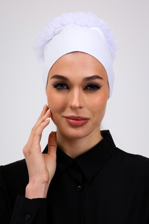 Loggia Fırfırlı Dikişsiz Penye Bone Beyaz- Kadın Tesettür Bağlamalı Topuz İç Bone - Image 1