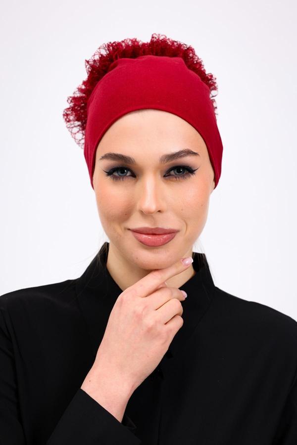 Loggia Fırfırlı Dikişsiz Penye Bone Bordo - Kadın Tesettür Bağlamalı Topuz İç Bone - Image 1