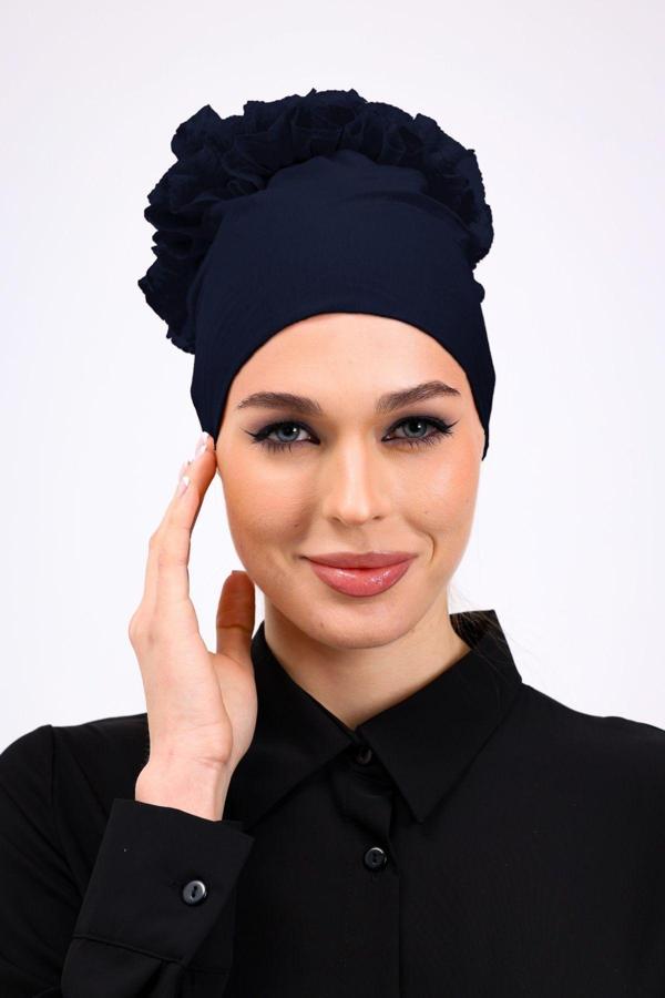 Loggia Fırfırlı Dikişsiz Penye Bone Lacivert - Kadın Tesettür Bağlamalı Topuz İç Bone - Image 1