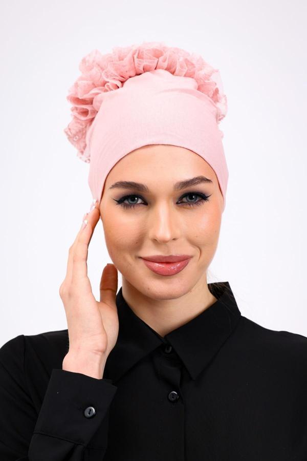 Loggia Fırfırlı Dikişsiz Penye Bone Pembe - Kadın Tesettür Bağlamalı Topuz İç Bone Pudra - Image 1