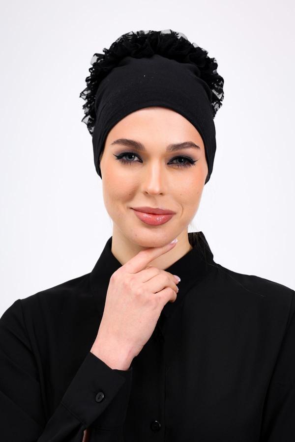 Loggia Fırfırlı Dikişsiz Penye Bone Siyah - Kadın Tesettür Bağlamalı Topuz İç Bone - Image 1