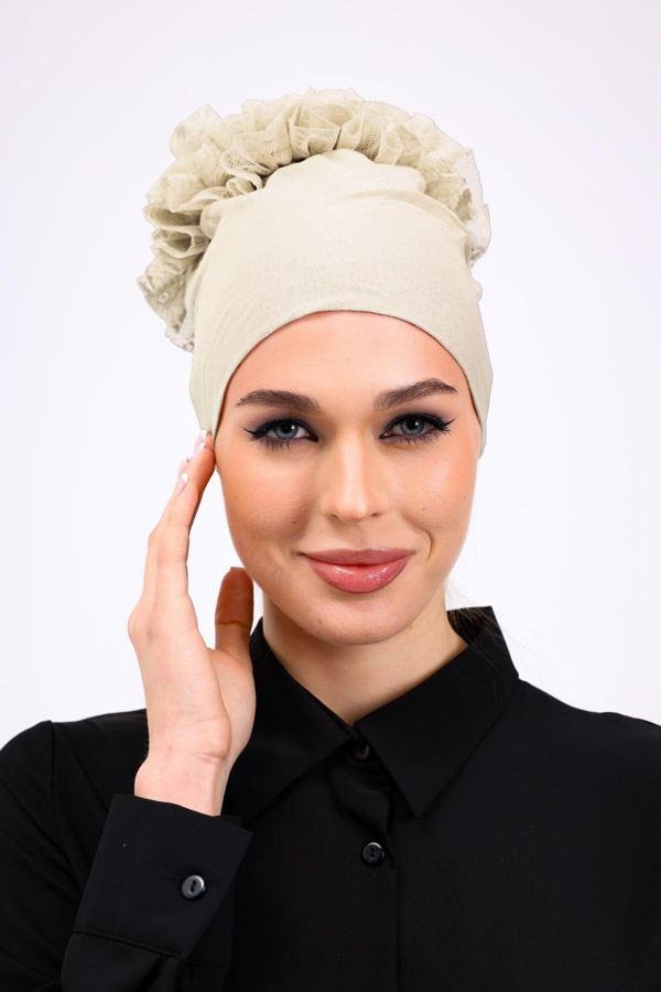 Loggia Fırfırlı Krem Dikişsiz Penye Bone Kadın Tesettür Bağlamalı Iç Bone (Taş Rengi - Bej) - Image 1