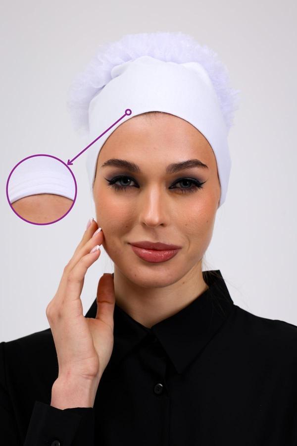 Loggia Kaymayan Fırfırlı Silikonlu Dikişsiz Bone Beyaz - Kaymaz Kadın Tesettür Bağlamalı İç Bone - Image 1