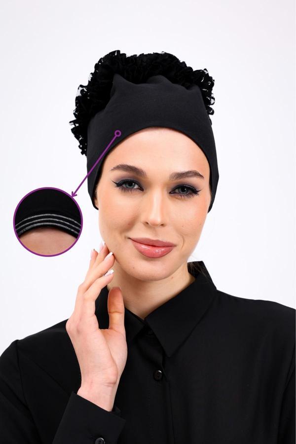 Loggia Kaymayan Fırfırlı Siyah Silikonlu Dikişsiz Kaymaz Bone Kadın Tesettür Bağlamalı Iç Bone - Image 1