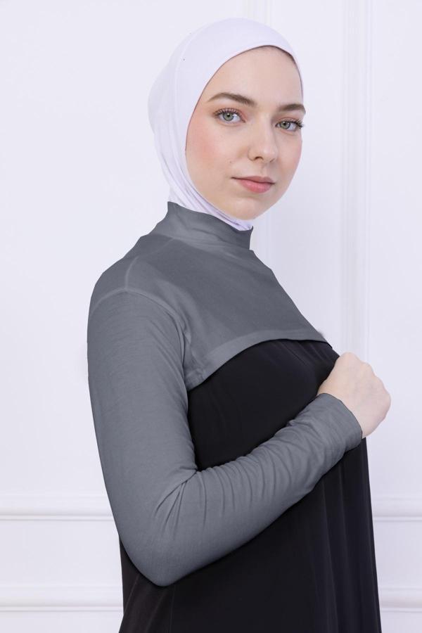 Loggia Balıkçı Yaka Boyunluklu Kolluk Açık Gri - Likralı Dik Yakalı Kadın Body Tesettür Crop Bolero - Image 1