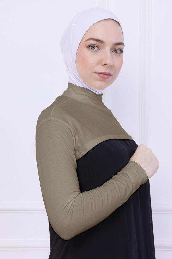 Loggia Balıkçı Yaka Boyunluklu Kolluk Açık Yeşil - Likralı Dik Yakalı Kadın Body Tesettür Crop Bolero - Image 1