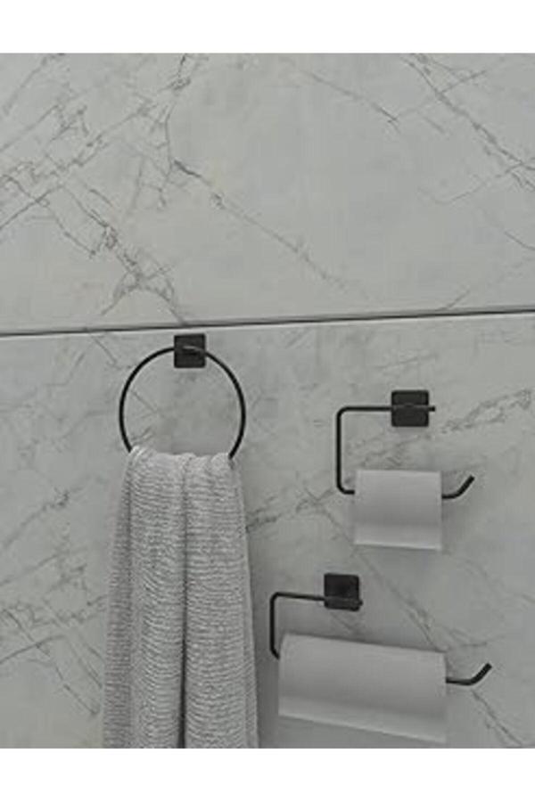 Metanova Yapışkanlı Banyo Seti Siyah Kare Havluluk Kare Tuvalet Kağıtlık Kare Set Banyo Düzenleyici - Image 1