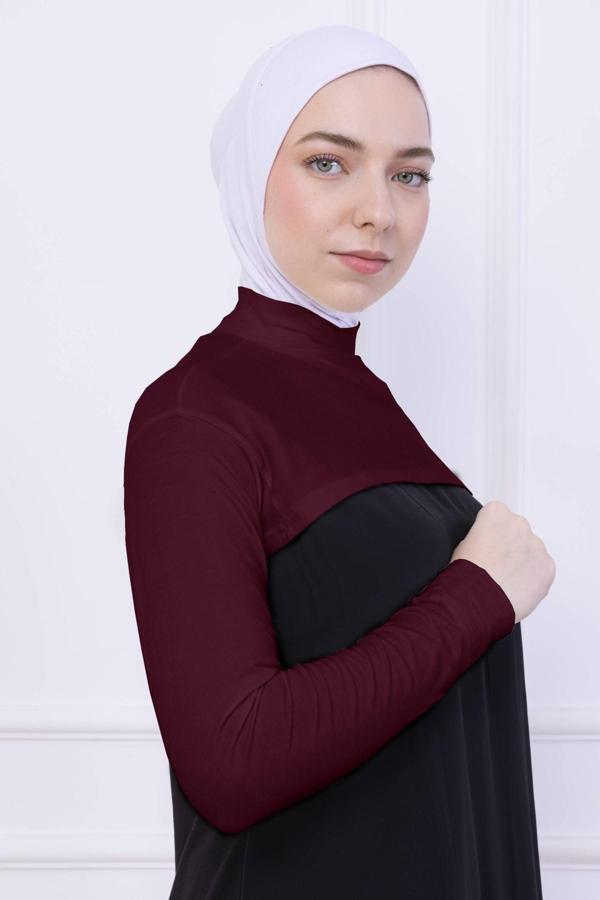 Loggia Balıkçı Yaka Boyunluklu Kolluk Bordo - Likralı Dik Yakalı Kadın Body Tesettür Crop Bolero - Image 1