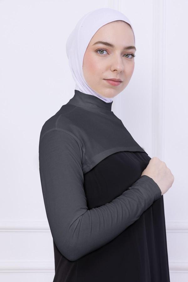 Loggia Balıkçı Yaka Boyunluklu Kolluk Gri - Likralı Dik Yakalı Kadın Body Tesettür Crop Bolero - Image 1