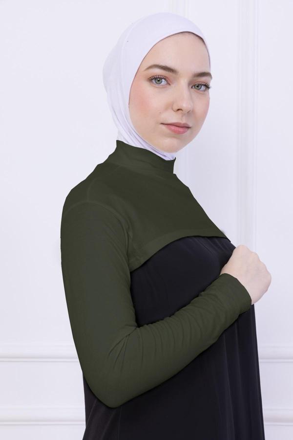 Loggia Balıkçı Yaka Boyunluklu Kolluk Haki Yeşil - Likralı Dik Yakalı Kadın Body Tesettür Crop Bolero - Image 1