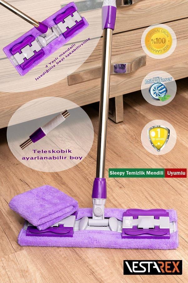 Metanova (Garantili)1 Yedek Bezli Yer Mopu Duvar Fayans Cam Temizlik Mikrofiber 4 Mandallı Mop(Mor) - Image 1