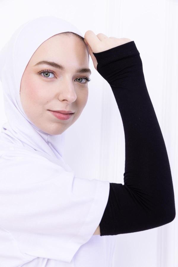 Loggia Parmak Geçmeli Likralı Kolluk Siyah - Kadın Tesettür Düz Namaz Kolluğu 1 Çift Viskon Hijab - Image 1
