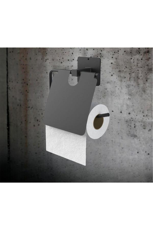 Metanova Siyah Yapışkanlı Kapaklı Wc Tuvalet Kağıdı Tutucu/Tuvalet Kağıtlık Wc Kağıtlık - Image 1
