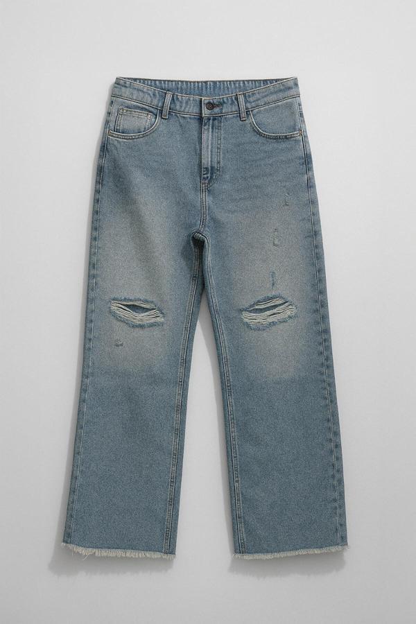 Kadın Yüksek Bel Wide Leg Dizi Yırtık Buz Mavi Jean Pantolon - Image 1